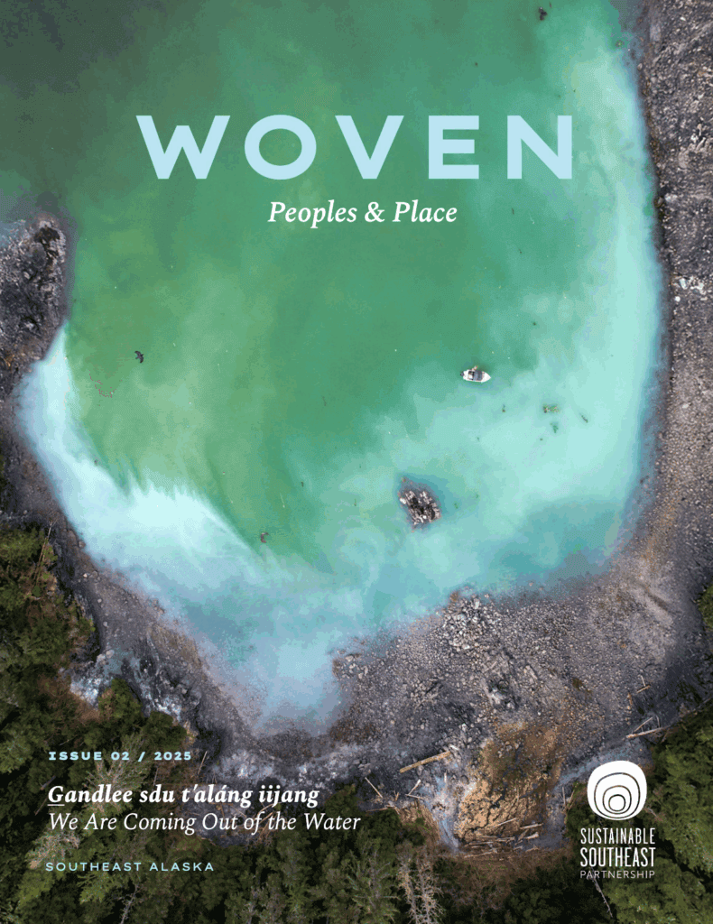 The cover of Woven magazine's Issue 2. A shot of a bay from above is shown on the cover, the water is frothy. A boat is floating on its surface. A rocky shoreline surrounds the water, giving way to evergreen trees around the edges.